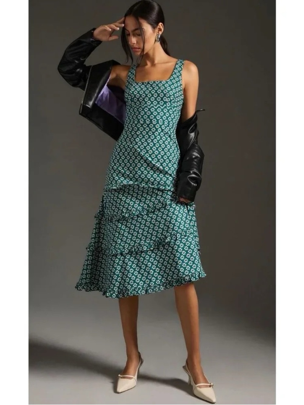 Anthropologie Teal Floral Square-Neck Tiered Midi Dress
